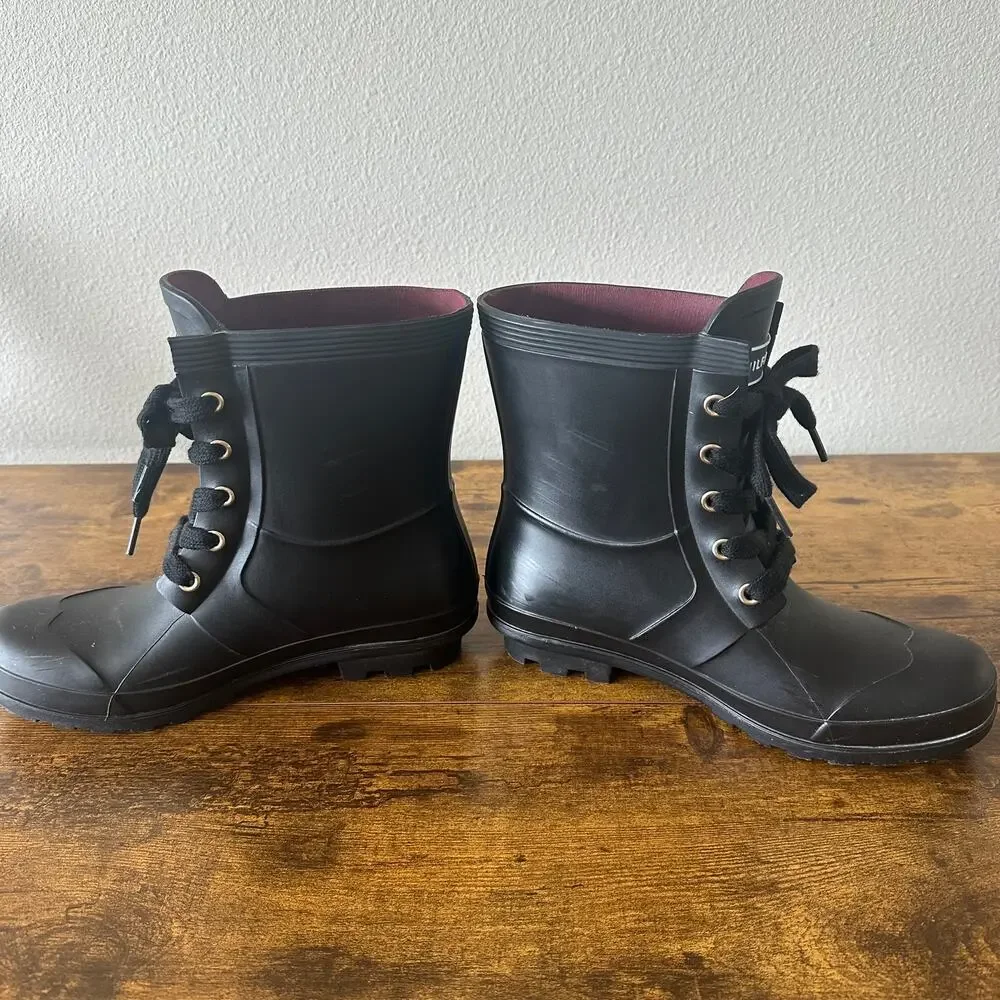 Tommy Hilfiger Women's Rain Boots Booties Lace Up with Buckle Detail Black 6